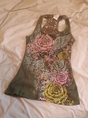 BONGO Olive Lace-Back Tank with Floral & Wing Embellishments